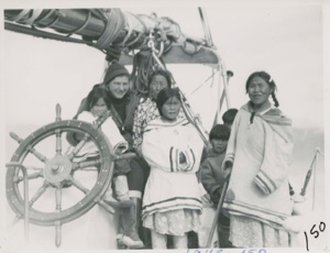Image of Miriam and Pond Inlet Eskimos [Inuit] on the Bowdoin [l-r Joanna? Miriam MacMillan, Kunuk, Mary Issigaitoq, Inuuguaq]